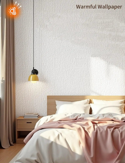 Top Notch Self Adhesive Peel And Stick Wallpaper Featuring Soft Linen Texture in a cozy bedroom with warm lighting.