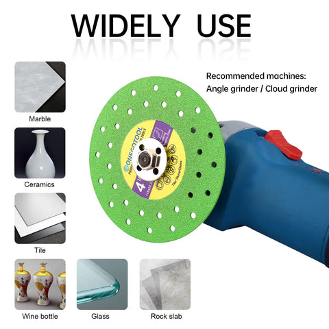 4 1/2 Inch Tile Cutter Diamond Saw Blade for Angle Grinder, Porcelain Ceramic Glass Marble Cutting Disc Set of 3 shown with angle grinder and materials