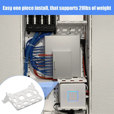 No Sweat Wall Mount Cable Sorting Shelf For Home Networking Gear, super tough structural media bracket, supports 20lbs weight