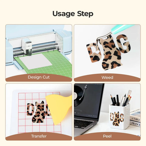 Leopard Print Permanent Vinyl Sheets Bundle 12X10 Inch, 10 Pack With 2 Transfer Papers Included For Crafting usage steps.