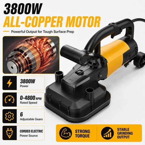 Industrial Grade 3800W Copper Motor Concrete Grinder Kit With Four Head Design And Six Speed Control For Marble Polishing Epoxy Floors Heavy Duty Concrete Leveling In Warehouses Patios And Parking Lots, 3800W