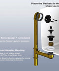 Diagram of Matte Black Lift and Turn Tub Drain Stopper Kit With Two-Hole Overflow Faceplate No-Putty Gasket Universal Fine or Coarse Thread