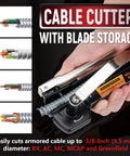 Heavy Duty Xmc Armored Cable Cutter Snips Up To 3/8 Inch Bx Ac Mc Wire With Fully Adjustable Blade, showing cutting tool and cables.