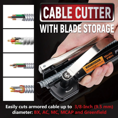 Heavy Duty Xmc Armored Cable Cutter Snips Up To 3/8 Inch Bx Ac Mc Wire With Fully Adjustable Blade, showing cutting tool and cables.