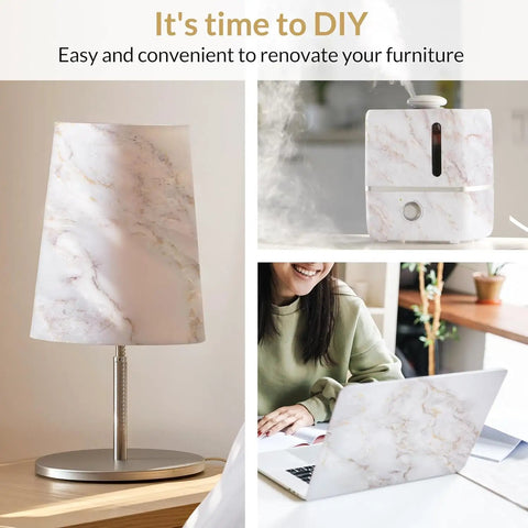 Lamp, humidifier, and laptop decorated with Marble Peel And Stick Countertop Wallpaper 35.4 By 78.7 Inches Waterproof Self Adhesive Roll
