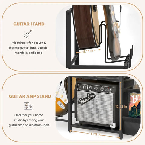 Bikoney Multi-Functional Record Player Stand And Guitar Rack For Acoustic Electric Bass With Amp Shelf. Guitar stand for multiple instruments.