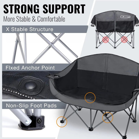 Outdoor Folding Double Camping Chair For Two People With 600 Lbs Heavy Duty Capacity Loveseat Style And Two Cup Holders Portable Carry Bag Included For Camping Lawn Backyard Movie Nights Chill Hangouts with strong support features shown.