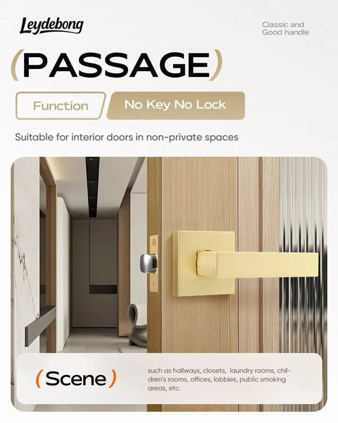 Image of Six Pack Gold Interior Door Levers Non Locking Passage Handles for Hallway and Closet Doors Zinc Alloy with Rust Proof Finish Easy Install Durable Premium Quality for High Traffic Rooms.
