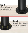 Installation steps for Set Of 4 Built Tough Adjustable Table Legs, showing screw holes and attachment to tabletop.