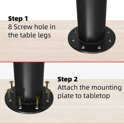 Installation steps for Set Of 4 Built Tough Adjustable Table Legs, showing screw holes and attachment to tabletop.
