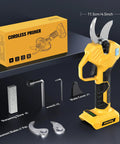 Beefy Brushless Electric Pruning Shears 20V Battery Compatible Cordless Garden Pruner with box and accessories displayed