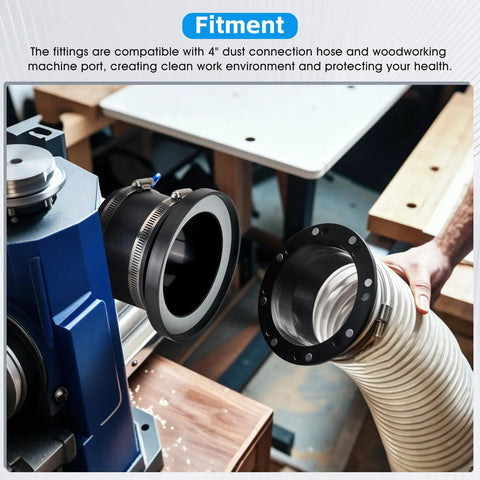 Heavy Duty 4 Inch Magnetic Dust Collection Fittings For Shop Vacuums And Woodworking Shops showing hose attachment to machine port.