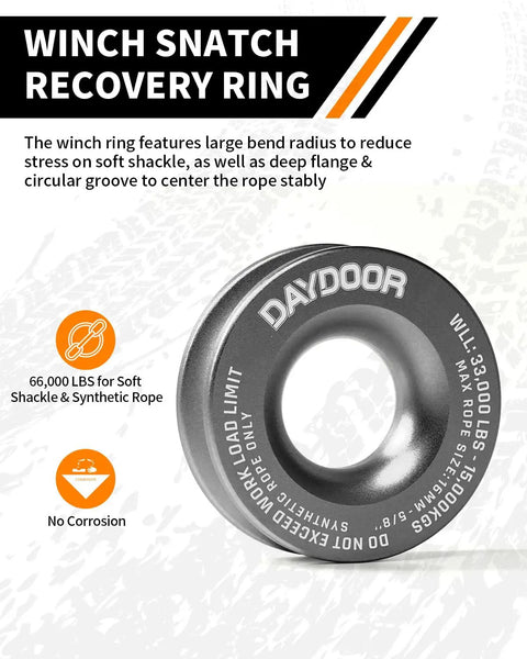 Winch Snatch Recovery Ring designed for 66000 lbs capacity, featuring large bend radius and deep groove for soft shackle use.