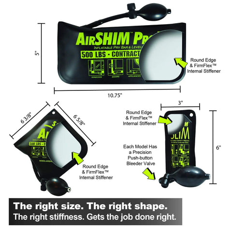 Three Piece AirShim Inflatable Pry Bar Set With AirShim AirShim Pro XL And AirShim Slim dimensions and features