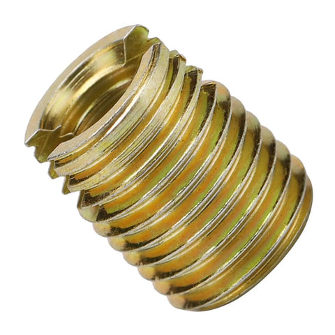 Self Tapping Thread Inserts Kit In Carbon Steel For Thread Repair With Inner M3x0.5 And Outer M5x0.5 Threads Plus Inner M12x1.75 And Outer M16x1.5 22mm Length Built To Last Heavy Duty Vibration Resistant Fastener Repair For Home Auto Industrial, brass insert close-up