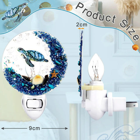 Seashell Night Light Plug In Ocean Vibe Decor With Sea Turtle Ornament, 9cm diameter, side and front view shown
