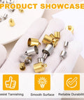 Gloved hand holding Stainless Steel Cord End Caps 4mm ID Barrel Ends for DIY Jewelry Making, 20 Pack in gold and silver tone.