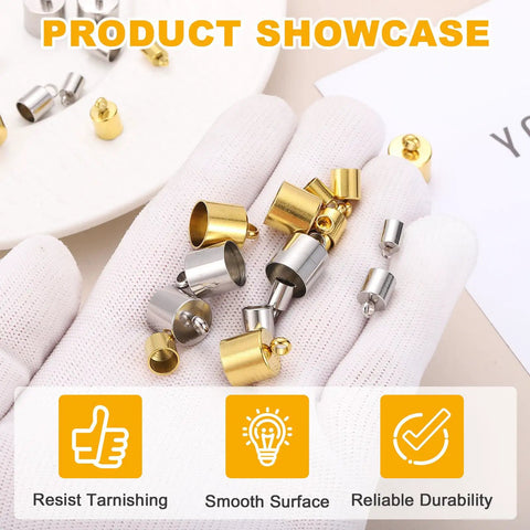 Gloved hand holding Stainless Steel Cord End Caps 4mm ID Barrel Ends for DIY Jewelry Making, 20 Pack in gold and silver tone.
