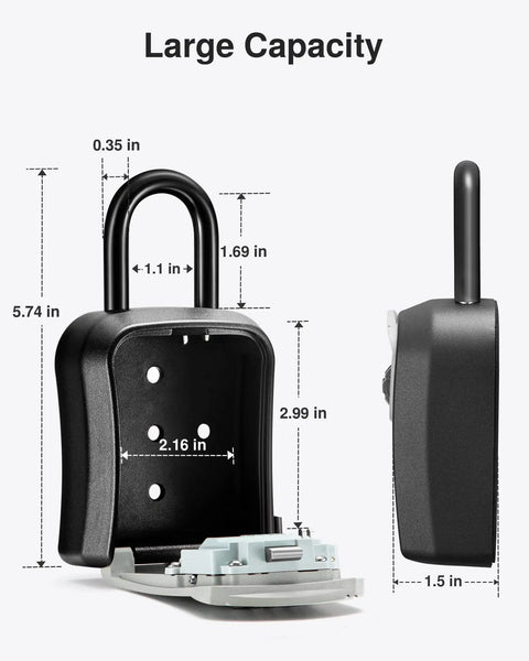 Resettable Combination Key Lock Box, Grab And Go Portable Wall Mount Or Door Knob Safe for Home Office Apartment Spare Keys, Easy Install With Mounting Hardware, Gray Secure Key Storage; side and interior view with dimensions displayed.