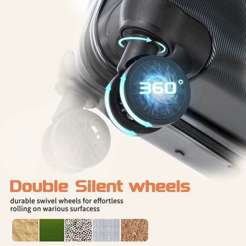 Close-up of 3 Piece ABS Luggage Set With Spinner Wheels Hardside Travel Luggage swivel wheel showcasing 360-degree rotation feature.