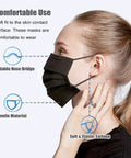 Black 3 Ply Disposable Face Masks Pack Of 100 For Men And Women Non Woven Breathable Everyday Use Indoor Outdoor Travel Office And Shopping Perfect For Work Travel And Everyday Errands worn by person showing comfort features