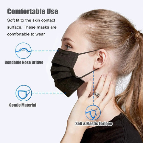 Black 3 Ply Disposable Face Masks Pack Of 100 For Men And Women Non Woven Breathable Everyday Use Indoor Outdoor Travel Office And Shopping Perfect For Work Travel And Everyday Errands worn by person showing comfort features