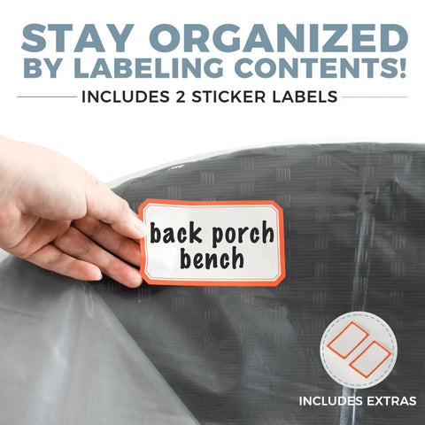 Hand placing label on Two Pack Heavy Duty Clear Plastic Patio Bench Cover For Outdoor Furniture Waterproof And Reusable Extra Thick 4mm Cushion Protector Universal Fit For 58 By 28 By 52.5 Inch Loveseats And Cushions Weatherproof.