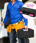 Person carrying a pink 39-piece home tool set with plastic toolbox, essential hand tools for DIY projects, home repairs and crafting.