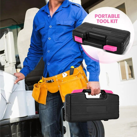 Person carrying a pink 39-piece home tool set with plastic toolbox, essential hand tools for DIY projects, home repairs and crafting.