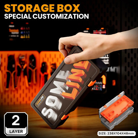 Person holding storage box with text 'SOME LINE', size 238x104x48mm, in a workshop setting
