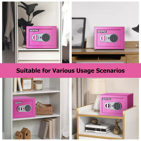 Fireproof Safe Box With Sensor Light And Digital Keypad Small Home Money Safe For Cash And Jewelry Security Safe Box Zero Point Twenty Three Cubic Feet Pink With Fireproof Bag Compact Build And Quick Access Passcode in various home settings