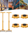 Heavy Duty Machinery Moving Kit With Two Handles 360 Degree Rotating Skates Four Rollers 6 Ton Capacity 13200 Lb Industrial Machinery Mover Skate Pro Grade Carbon Steel Frame For Easy Jobsite Moves displayed with yellow handles and skates