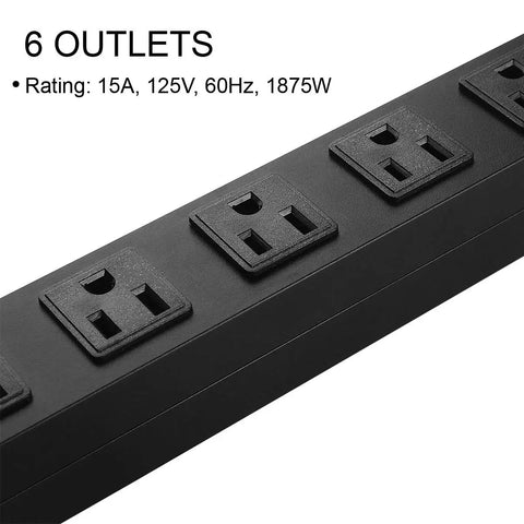 Close-up of black Wall Mount Power Strip With Six Wide Spaced Outlets And Built In Switch, showing 15A 125V 1875W ratings.