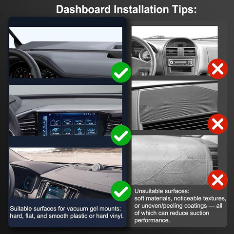 2026 Upgraded Magnetic Car Phone Mount infographic showing dashboard installation tips and surface guidance.