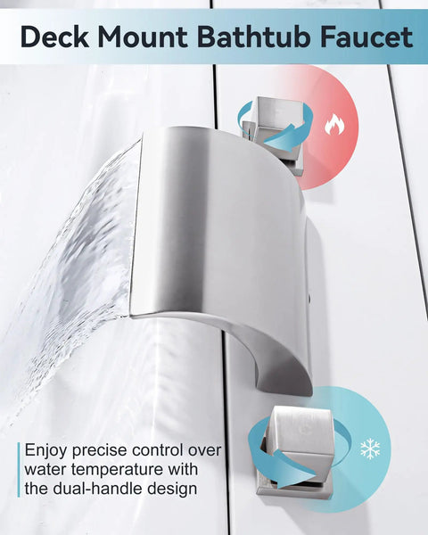 Waterfall Tub Faucet With Two Handles For Deck Mount Roman Tub Brushed Nickel Finish Brass Three Hole Faucet Without Diverter High Flow