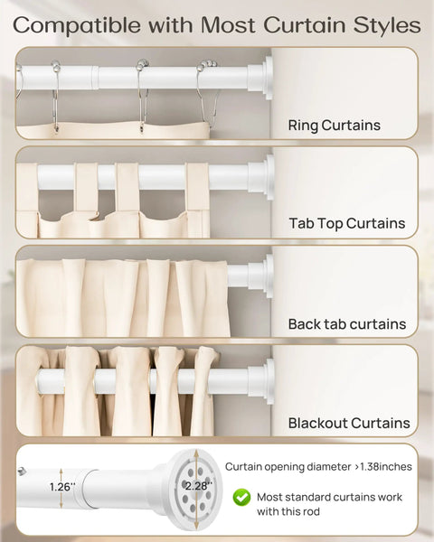 Heavy Duty Tension Curtain Rod No Drill Extendable 42 To 123 Inches Anti Slip Spring Loaded Renter Friendly White Curtain Rod for various curtain styles