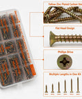 Flat Head Wood Screw Kit M4 250 PC Set with organizer box, showing yellow zinc plated screws, flat head, Phillips drive, 7 lengths.