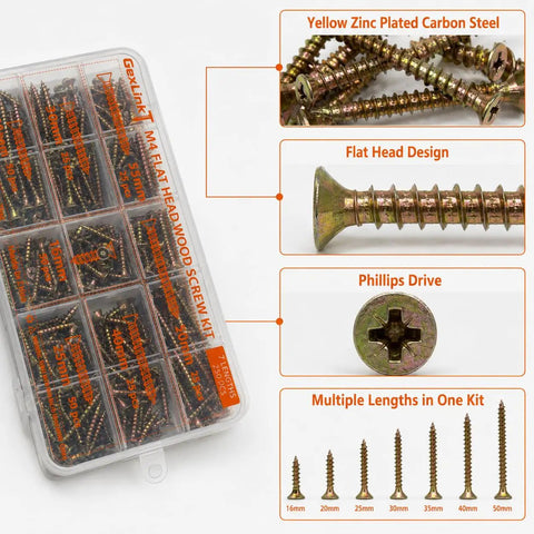 Flat Head Wood Screw Kit M4 250 PC Set with organizer box, showing yellow zinc plated screws, flat head, Phillips drive, 7 lengths.
