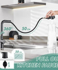 Person operating Pro Grade Brushed Nickel Kitchen Faucet With Pull Down Sprayer, showing 360-degree swivel and 50 cm reach.