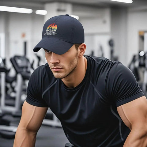 Man wearing Navy Mens Breathable Summer Cap With Top Vent Holes, Adjustable Strap, Lightweight And Sweat Wicking Hat in gym