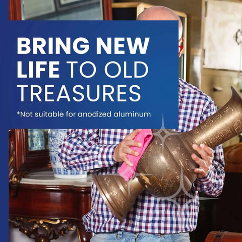 Person polishing metal vase with Multipurpose All In One Metal Cleaner And Polish For Chrome Aluminum Silverware Glass And Fiberglass Cleans Shines And Protects All Metals Fiberglass And Acrylics Home And Industrial Use 1000ml Can label.