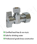 Heavy Duty Angle Stop Valve Half Inch Nominal Inlet Five Eighths Inch OD To Three Eighths Inch OD Compression Quarter Turn Shut Off Lead Free For Copper Pipe Ten Pack For Faucets And Toilets, showing chrome finish and compact design.