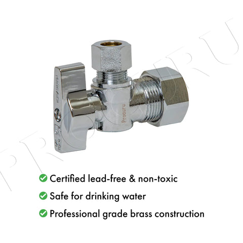 Heavy Duty Angle Stop Valve Half Inch Nominal Inlet Five Eighths Inch OD To Three Eighths Inch OD Compression Quarter Turn Shut Off Lead Free For Copper Pipe Ten Pack For Faucets And Toilets, showing chrome finish and compact design.