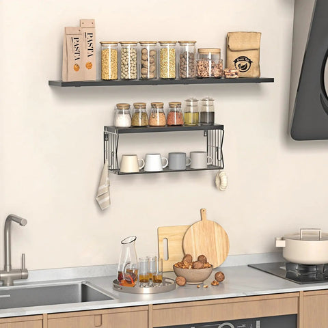 Heavy Duty Floating Bathroom Shelves Wall Mounted Set Of Three With Slick Black Finish For Over Toilet Storage And Moisture Resistant Solid Wood Shelving That Handles Daily Use Without The Drama with kitchen items.