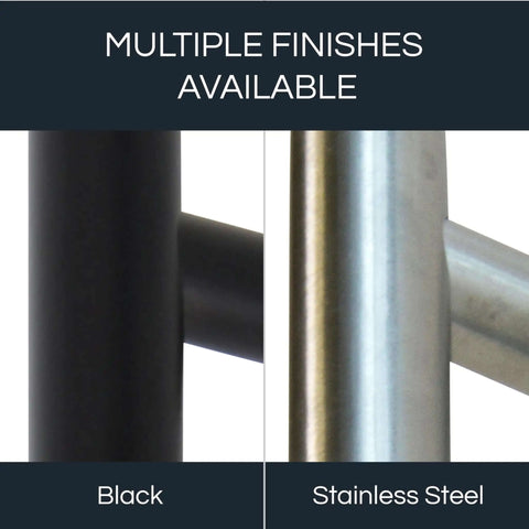Black Finish Stainless Steel Cabinet Drawer Pull, Modern T Bar Handle, showing black and stainless steel finishes