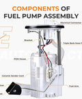 Diagram of drop-in electric fuel pump assembly components: electrical connector, bracket, housing, and strainer for Toyota Camry and Solara.