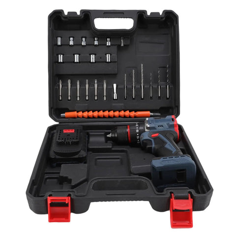 Heavy Duty Brushless Cordless Drill Kit Featuring 1500 RPM Dual Speed Gearbox With 25 Tunable Torque Settings For Fast Home Repairs and Serious Diy Builds in plastic case with bits.