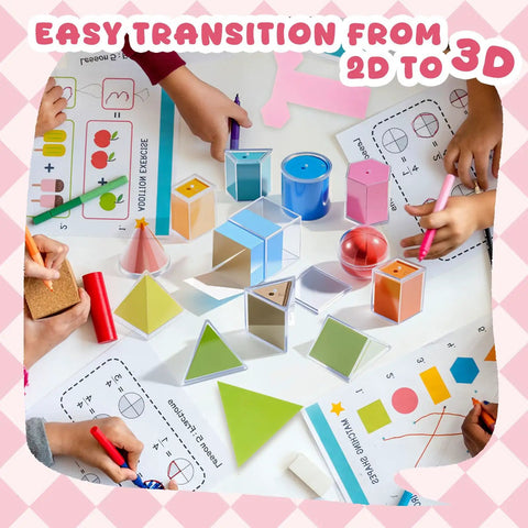 Hands On Geometry Kit With 12 Geometric Solids And 12 Folding Nets, kids interacting with multicolored 3D shapes and cards