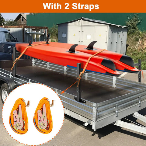 Adjustable Aluminum Trailer Ladder Rack For Open And Enclosed Trailers, 2 Bar Cargo Box Rack With Straps, Extends 5.7Ft To 7.7Ft, Lightweight Yet Heavy Duty, 800Lb Capacity, Durable Powder Coat Finish, with two straps securing kayaks on a trailer