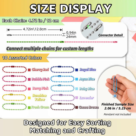 Bulk Ball Chain Keychain Set With 300 Pieces, 2.4mm By 4.72 Inch Beaded Chains And Connectors, 200 Silver Stainless Steel Color Links And 100 Mixed Color Links, Perfect For DIYers Making Dog Tag Necklaces, Crafts And Jewelry Projects. Size display of 4.72 in chains with 10 assorted colors